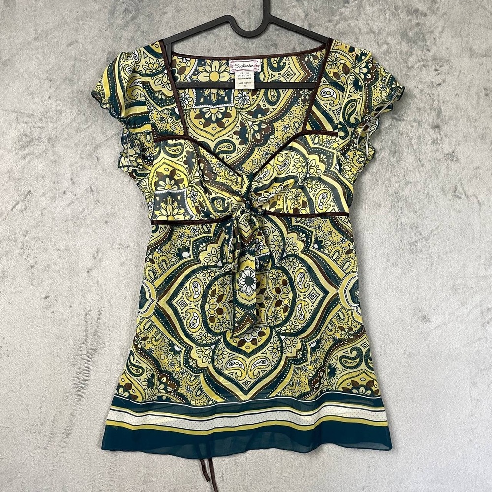 Vintage Y2K Green Brown Paisley Babydoll Tie Back Short Sleeve Top Small